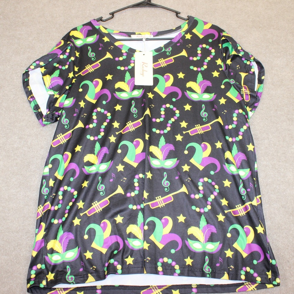 Roshop Mardi Gras Mask Trumpet Bead Print Top Womens Large New Fat Tuesday Shirt